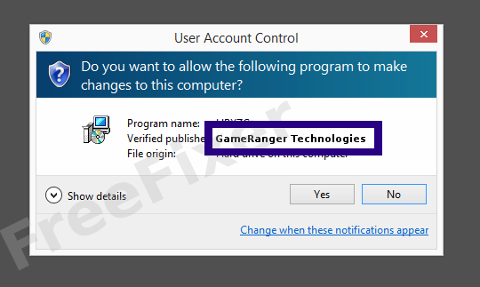 Screenshot where GameRanger Technologies appears as the verified publisher in the UAC dialog